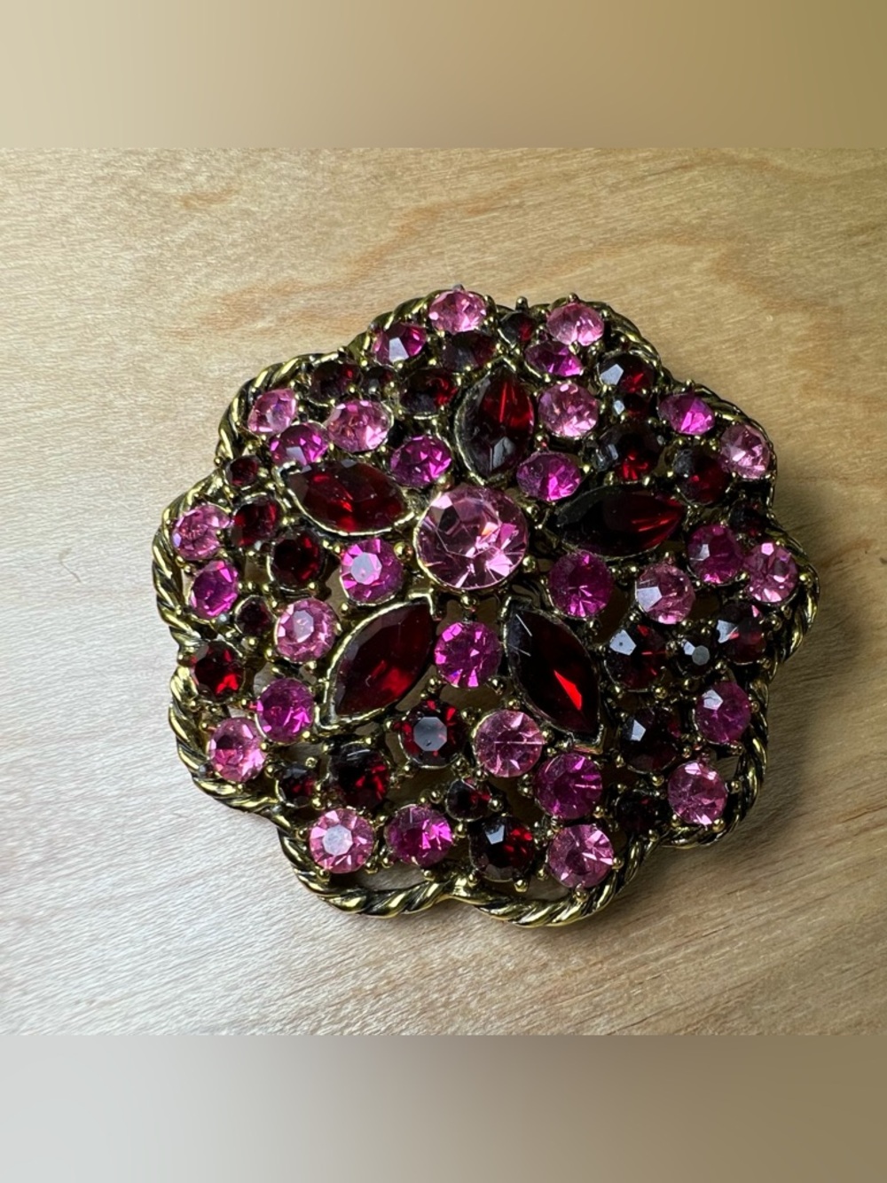 Weiss rhinestone brooch cranberry intricate multi-layered gold-tone setting